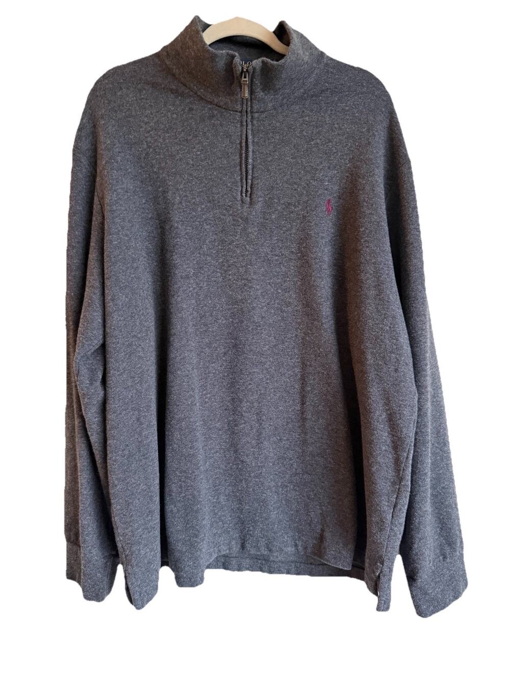 Polo Ralph Lauren Sweater Mens 2XL Gray Cotton Quarter Zip Mock Neck Estate Rib